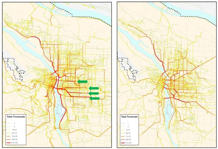 Maps showing routes of bicycle trips versus shortest path routes
